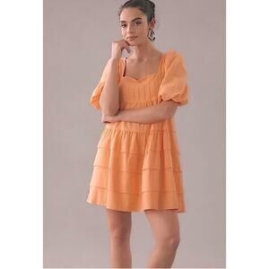By Anthropologie Square Neck Puff Sleeve Tiered Dress in Orange Size Medium